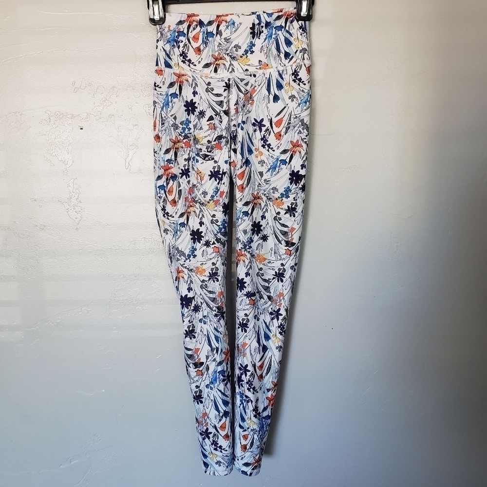 Fabletics Leggings White Colorful Floral Orange Blue Grey Women's XS Up & Coming